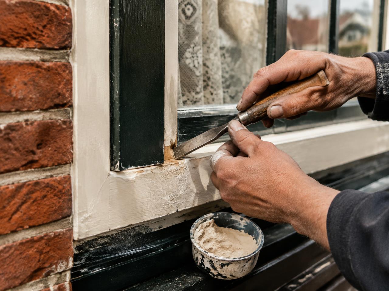 Vakman herstelt een geschilderd houten kozijn in een bakstenen gevel